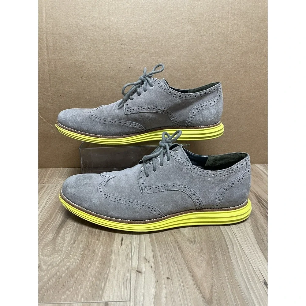 Cole Haan Preppy Lunargrand Lunarlon  Suede Gray Yellow Men Oxford Shoes Sz 12 M